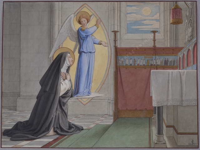 Lüttichi (Liege-i) Szent Julianna (+1258) térdel az Oltáriszentség előtt