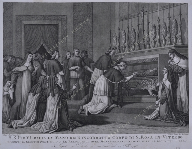 VI. Pius pápa megcsókolja Viterbói Szent Róza kezét