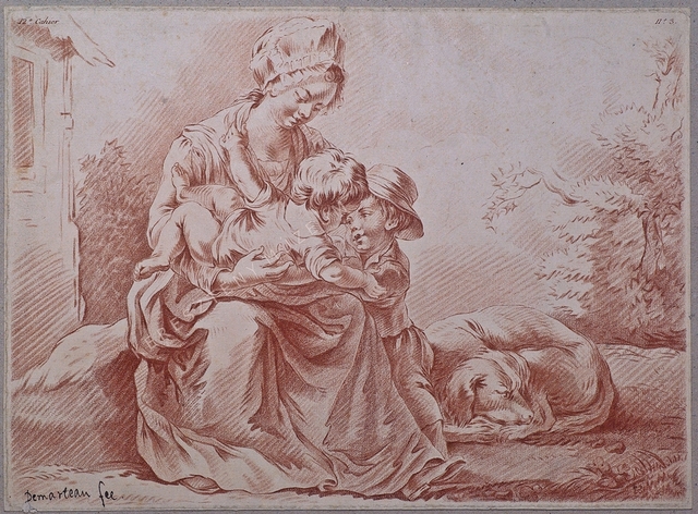 Anya két gyermekével és egy alvó kutyával egy parasztház mellett