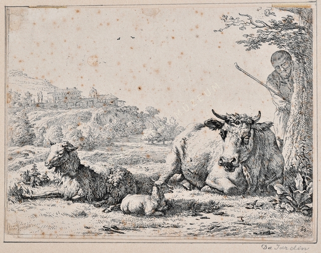 Tájkép pihenő tehénnel és juhokkal