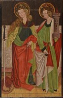 St. Catherine of Alexandria and St. Barbara; on the reverse: St. Nicholas quiets the storm – Panels from the movable wings of a winged altarpiece