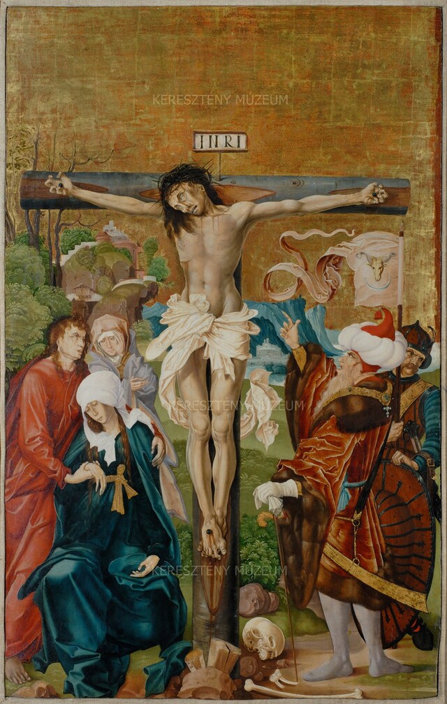 The Crucifixion; detail from the workday side of one of the movable wings – Four panel paintings from the former main altarpiece of the Church of St. Catherine in Selmecbánya