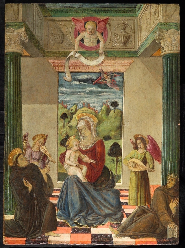 Madonna and Child among the angels playing music, with the stigmatization of St. Francis of Assisi