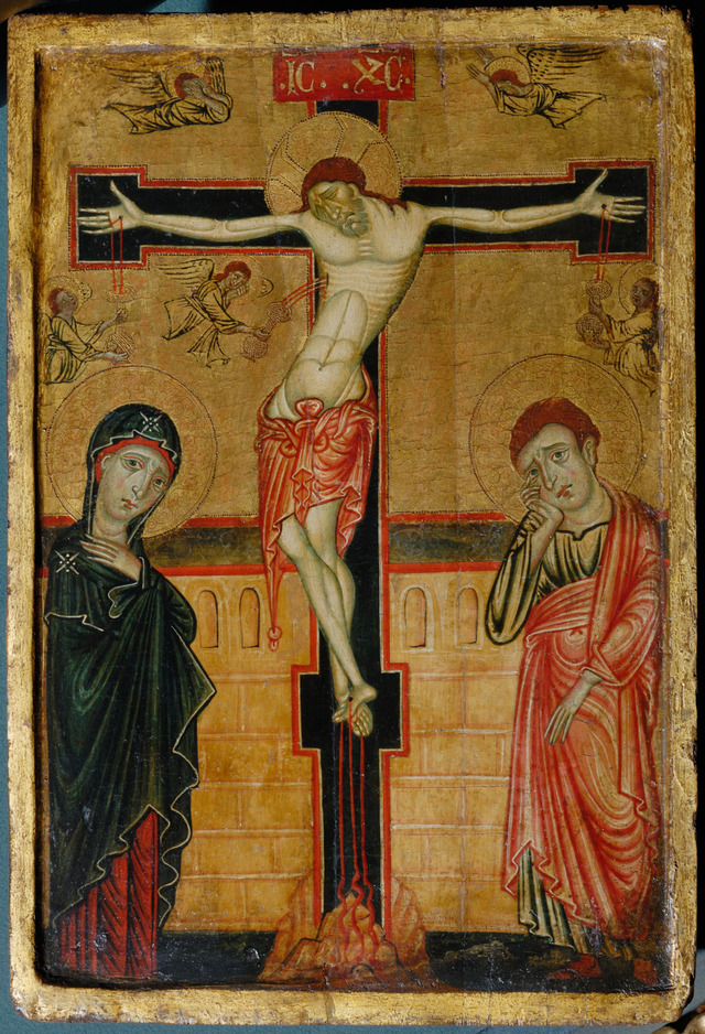 Christ on the cross between the Virgin Mary and St. John the Evangelist and five Angels