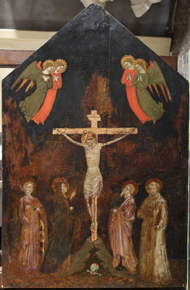 Christ on the cross between Saint Catherine of Alexandria and Saint Francis of Assisi