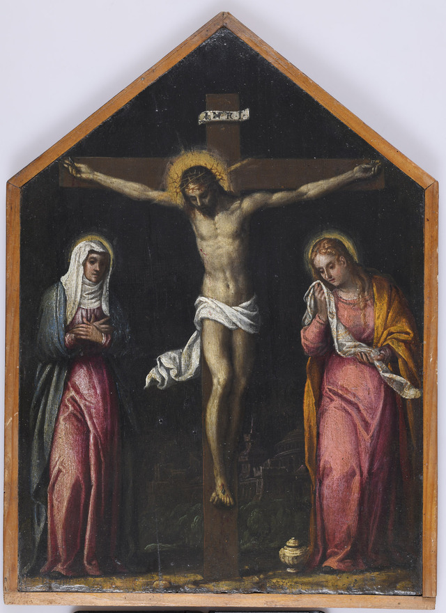 Christ on the cross between the Virgin Mary and  Mary Magdalen