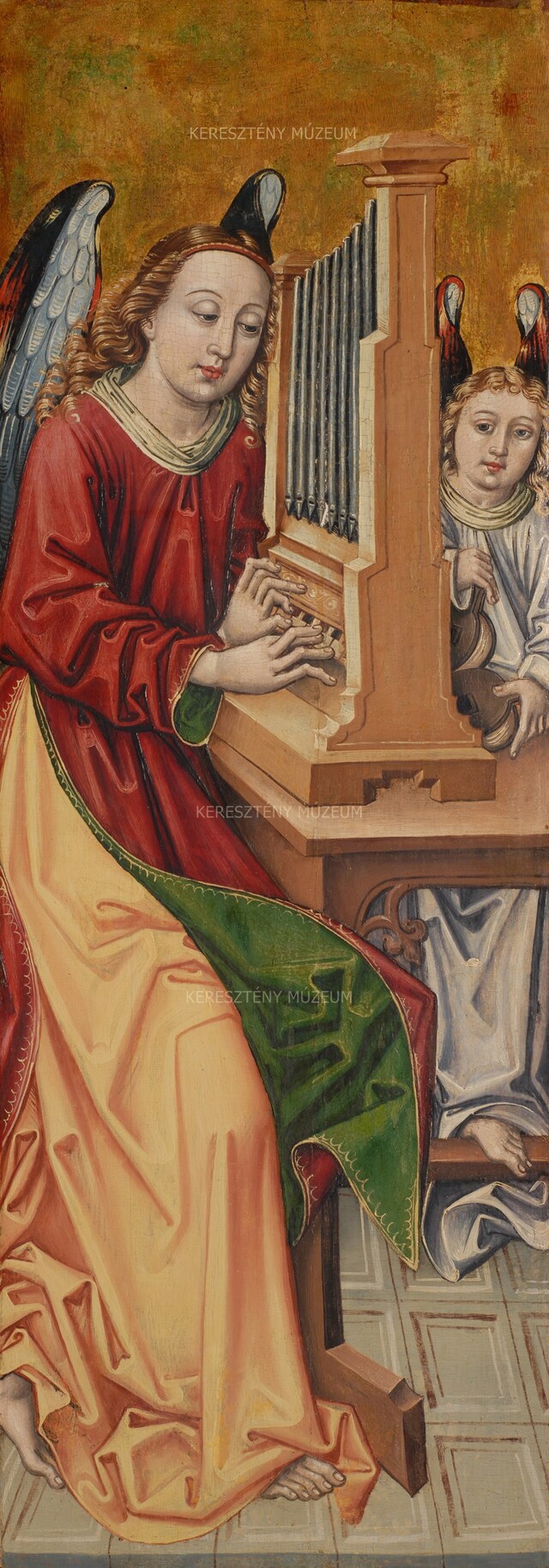 Angel playing an organ; left fixed shrine panel of a winged altarpiece 