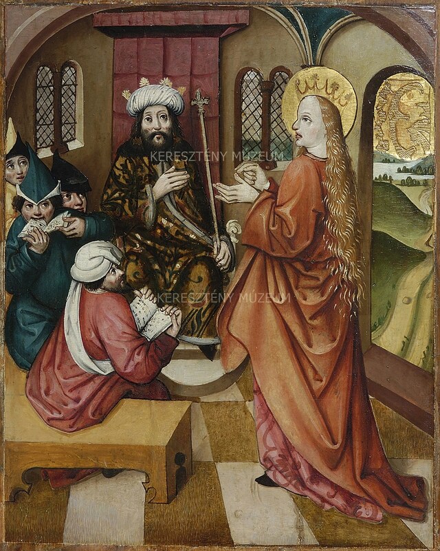 St. Catherine of Alexandria’s dispute with scholars; on the reverse: Mary from the Annunciation