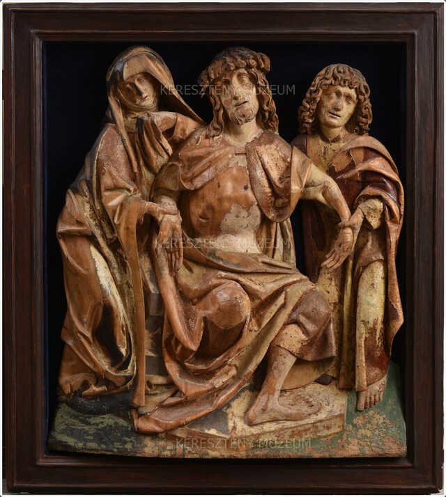 Christ as Man of Sorrows on a throne, flanked by Mary and St. John the Evangelist